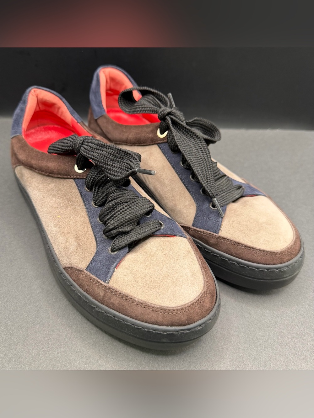 Pas de Rouge Suede Lace-Up Sneakers in Brown, Navy and Red-Size:37‎